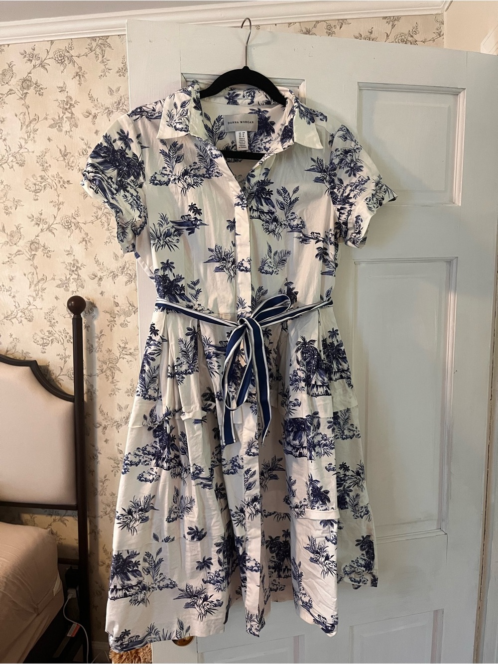 Adorable Blue Toile Shirt Dress with Tie Belt